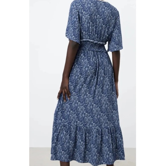 Zara Floral-Print Flutter-Sleeve Smocked-Waist Ruffled Midi Dress Small - Picture 6 of 9